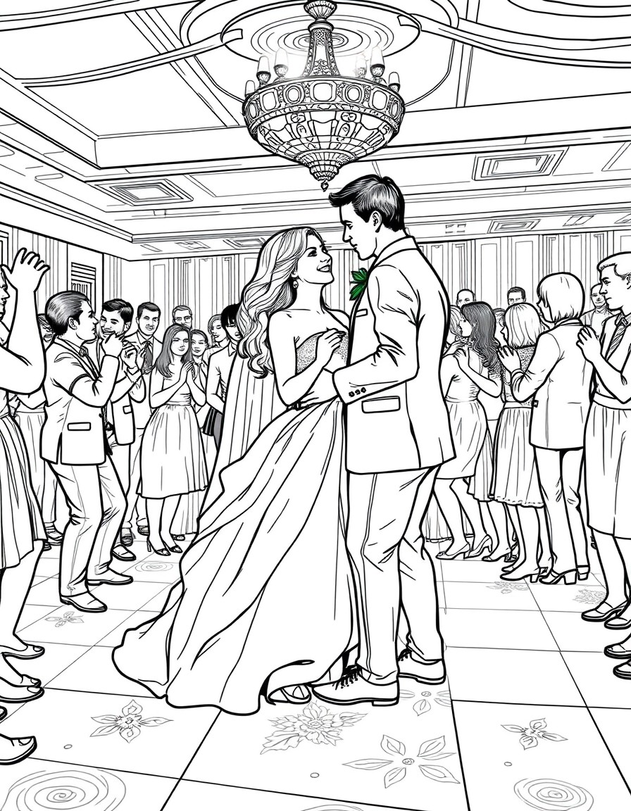 a bride and groom on the dance floor at their wedding surrounded by people dancing and having fun
