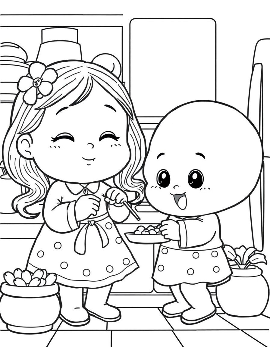 cute shinchan playing with his mother in the kitchen.