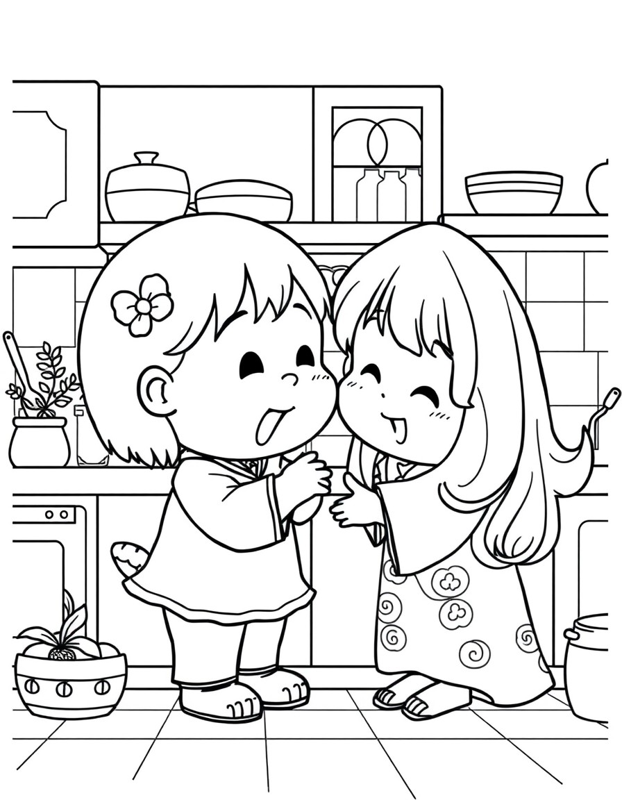 cute shinchan playing with his mother in the kitchen.