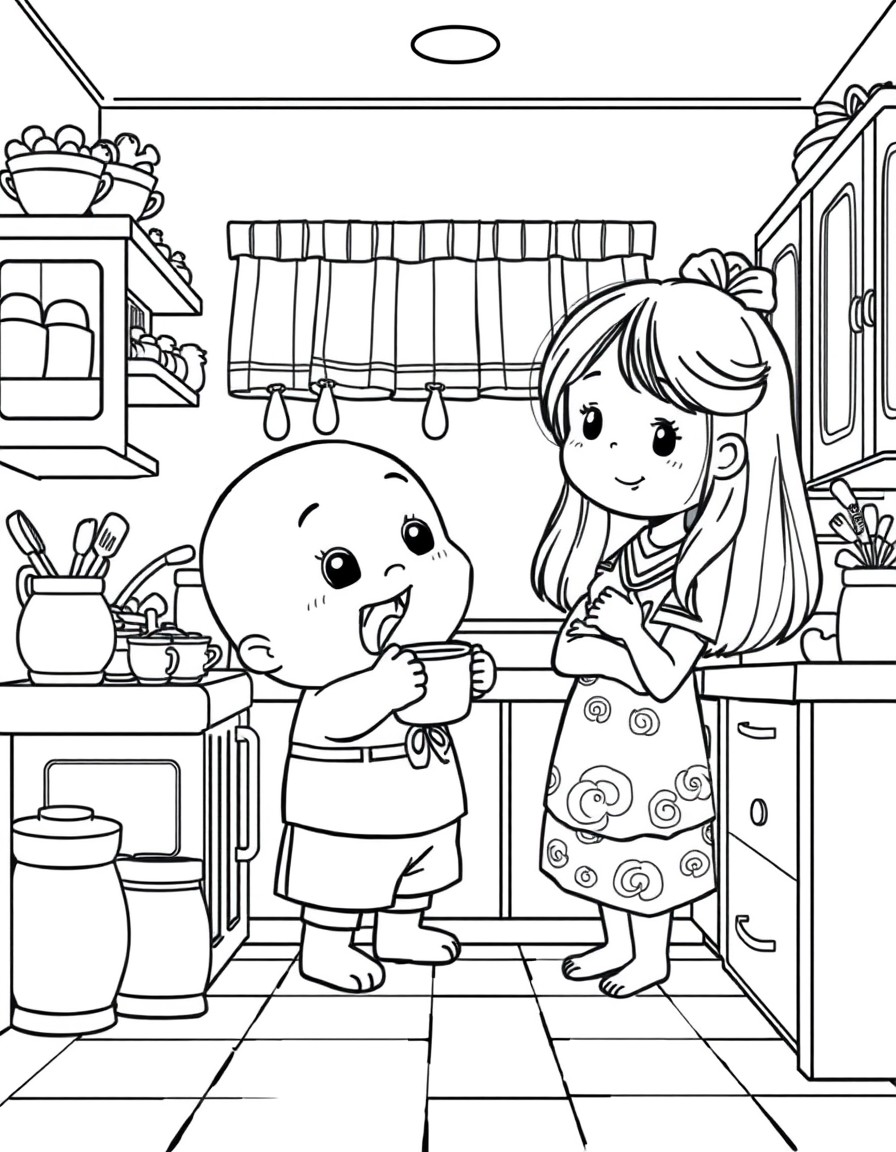 cute shinchan playing with his mother in the kitchen.