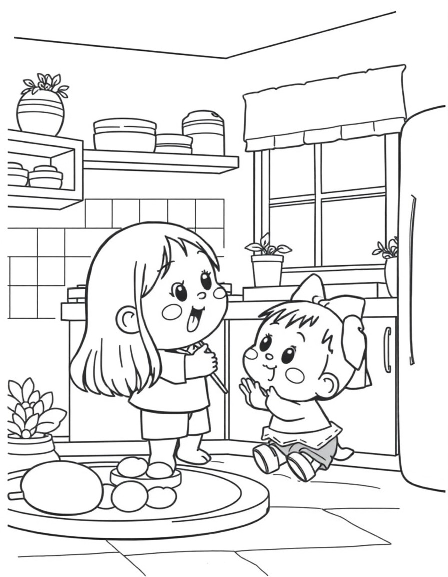cute shinchan playing with his mother in the kitchen.