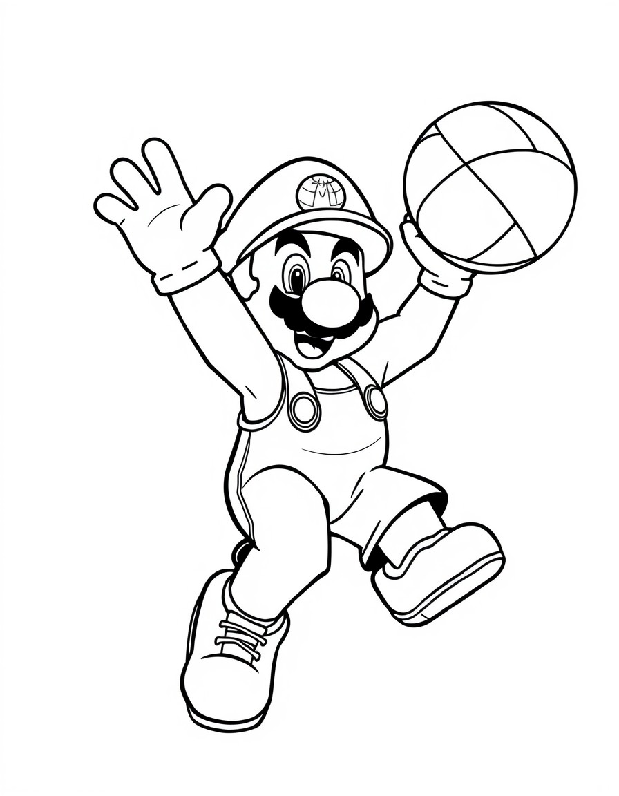 coloring page for kids, strock solid outlines, avoid noise. Clean black and white line art of Super Mario playing basketball, dynamic pose, mid-dunk or dribbling, bold and smooth outlines, no shading,