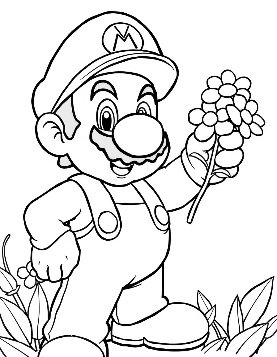 super mario taking flowers in hand