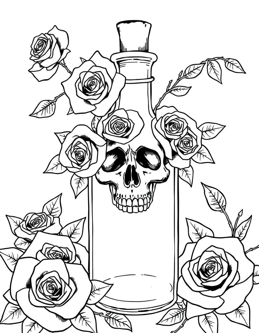 Old fashion poison bottle with skull inside cradled in black roses