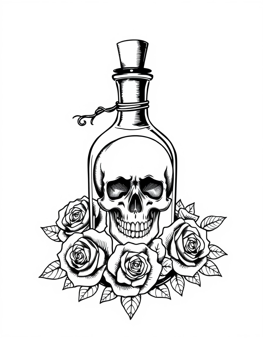 Old fashion poison bottle with skull inside cradled in black roses