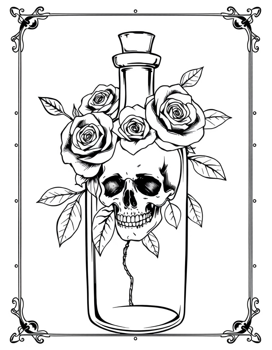 Old fashion poison bottle with skull inside cradled in black roses