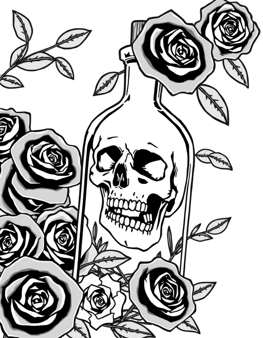 Old fashion poison bottle with skull inside cradled in black roses