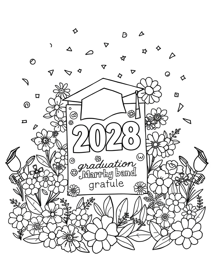 2028 graduation with flowers and the marching band with a 2028 graduate poster with stickers and cute bubbly font