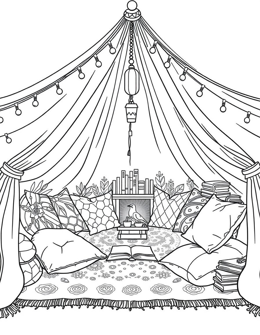 A dreamy, bohemian-style tent filled with cushions, books, and fairy lights