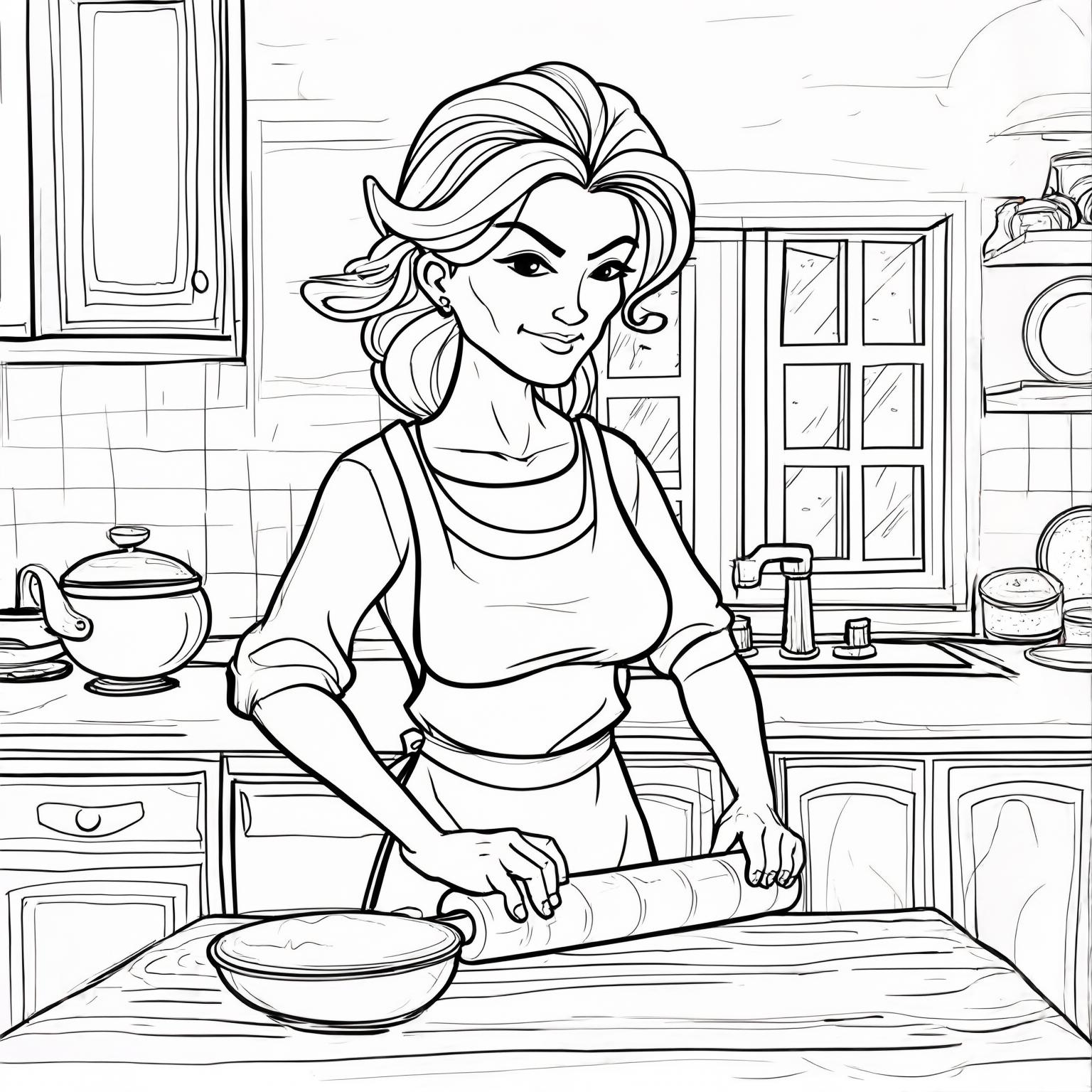 A mom in a cozy cottage kitchen, rolling a joint with a confident smirk