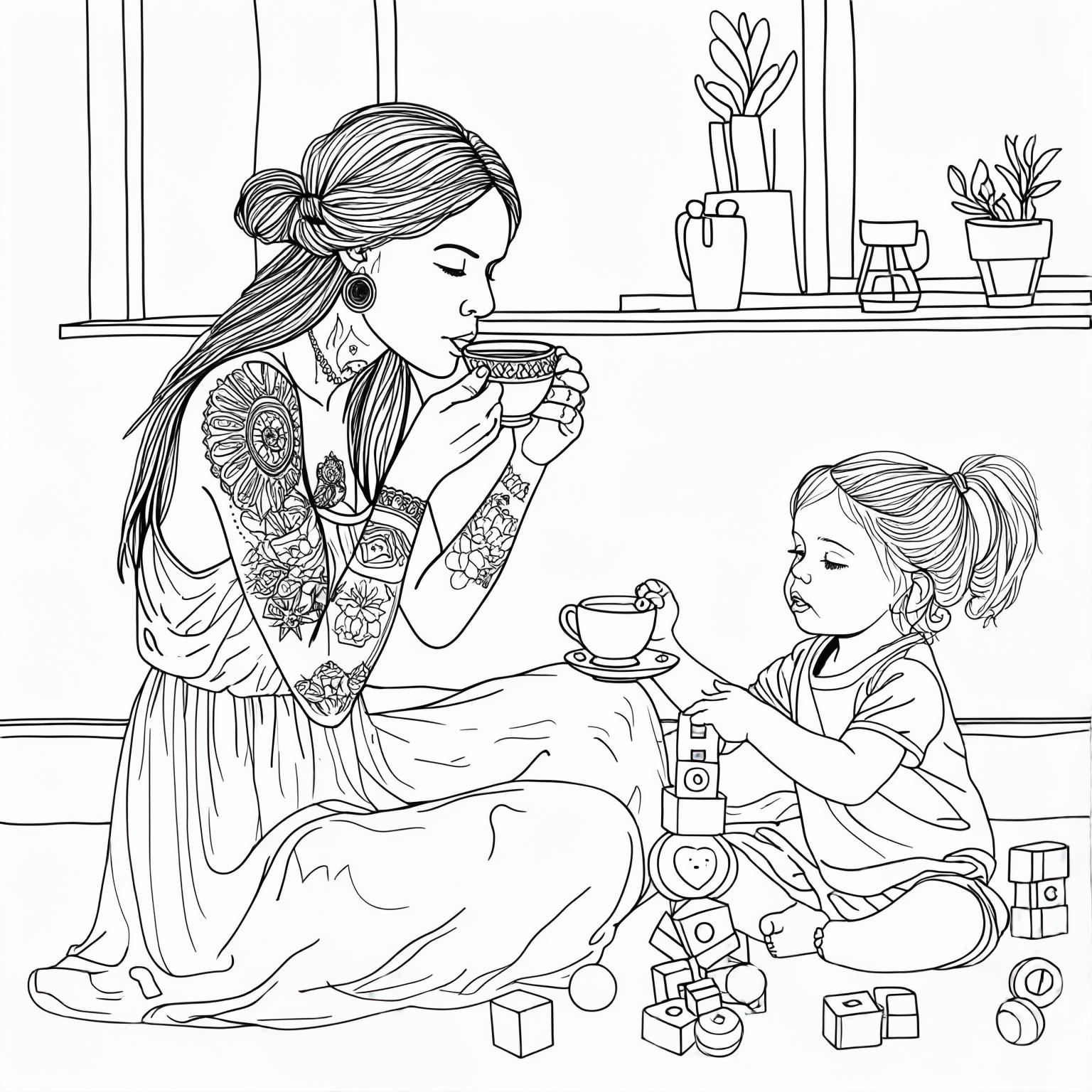 A stylish, tattooed mom in a flowy boho dress, sipping tea while her kid plays nearby.