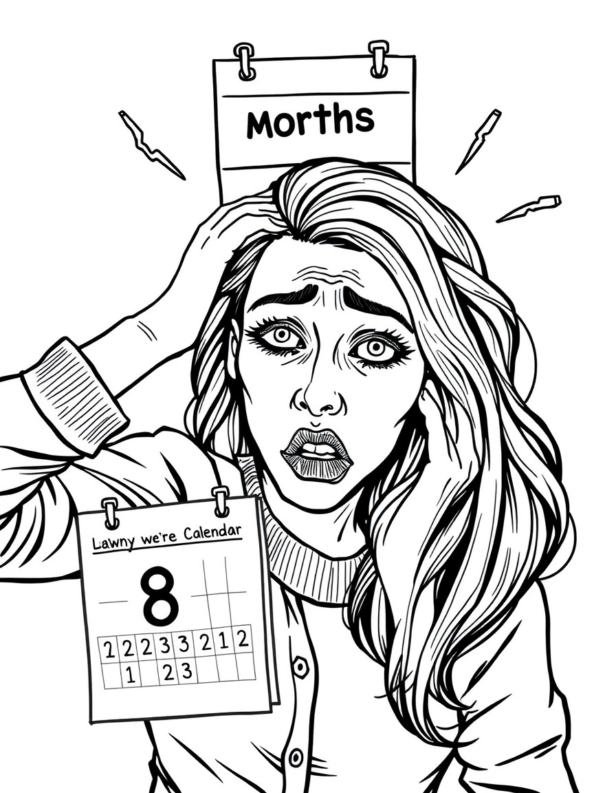 An overwhelmed woman stressing out with a calendar saying 8 more months.