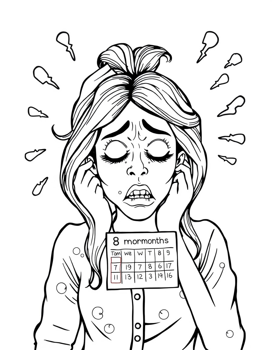 An overwhelmed woman stressing out with a calendar saying 8 more months.