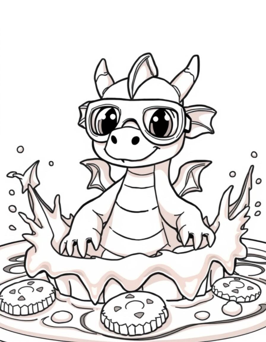 A baby dragon wearing goggles, splashing in a chocolate fountain with cookie rafts