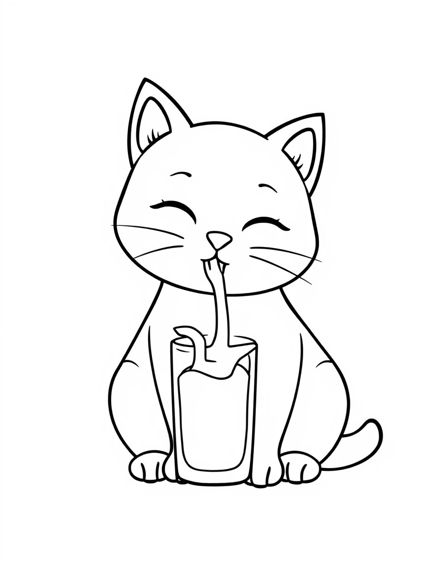 simple line art of a cat eating milk