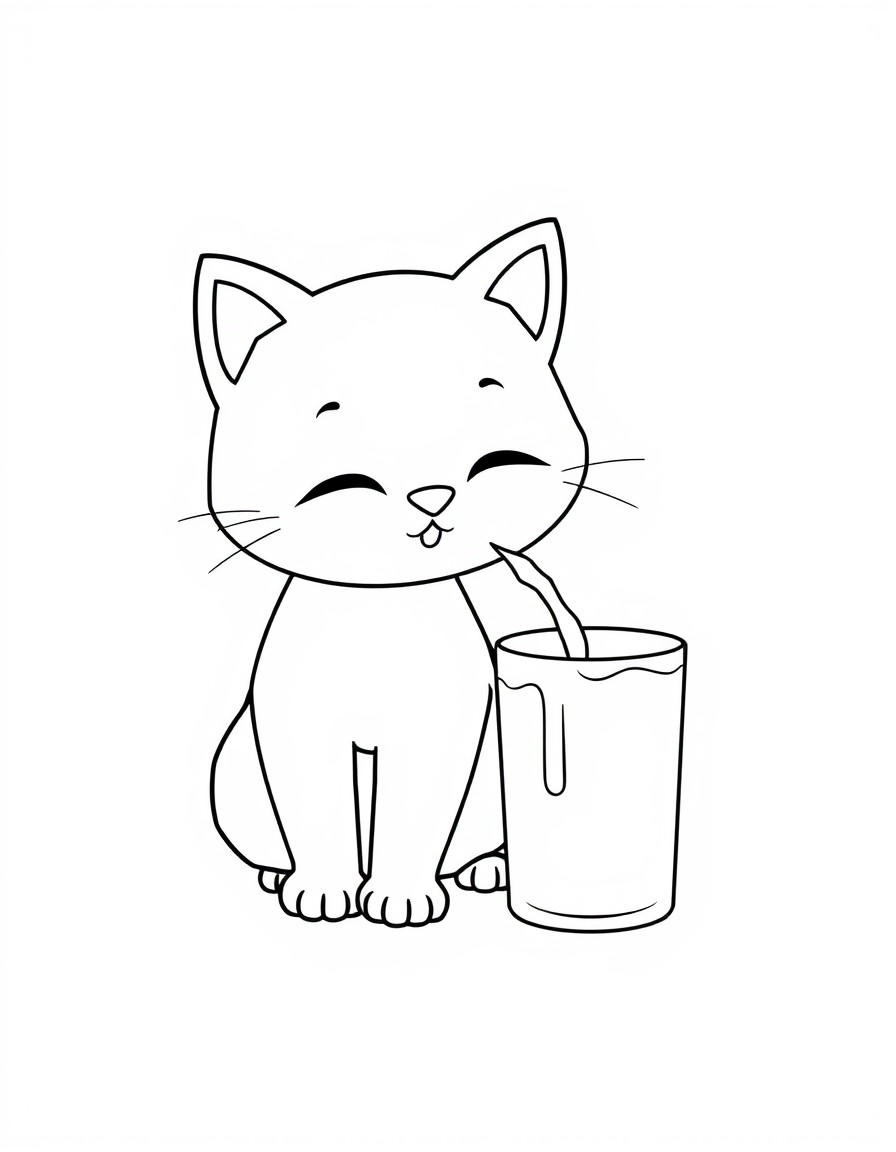 simple line art of a cat eating milk