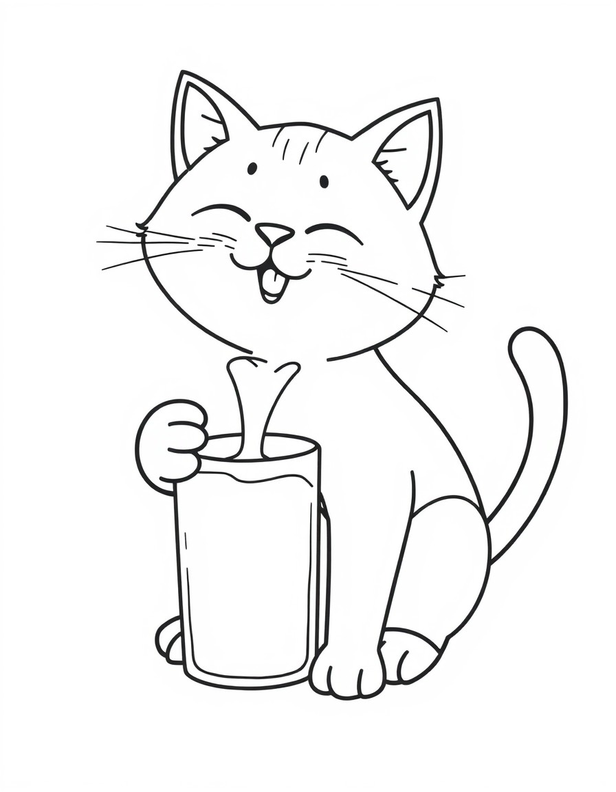 simple line art of a cat eating milk