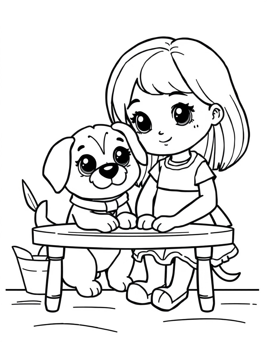 A cute doll and dog kept on table