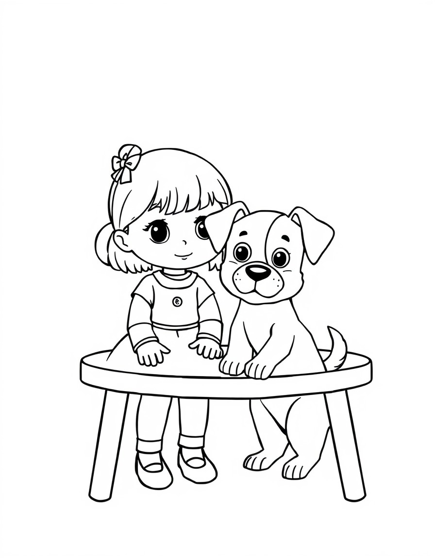 A cute doll and dog kept on table