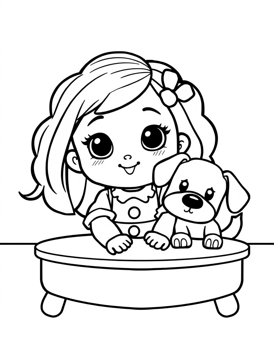 A cute doll and dog kept on table