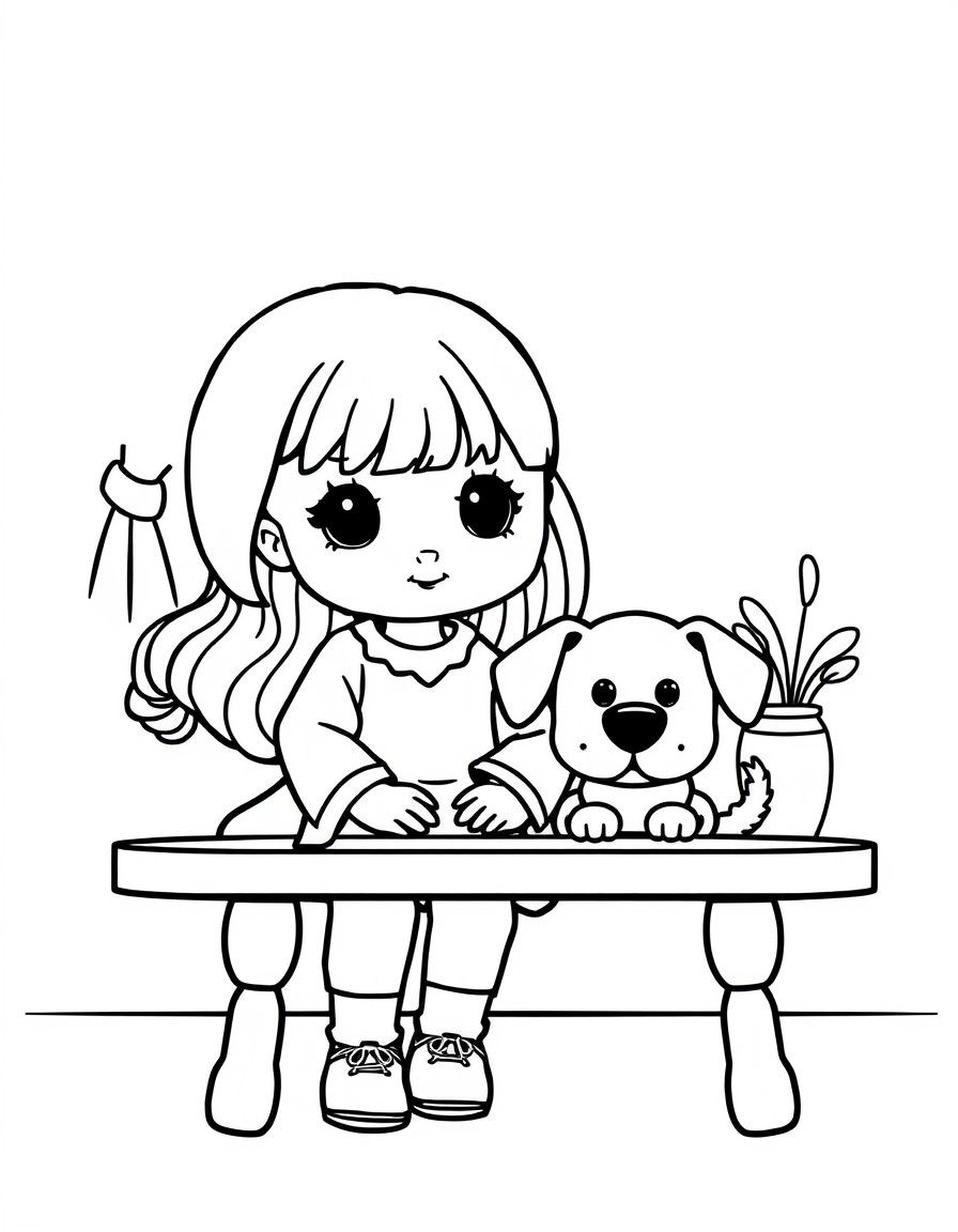 A cute doll and dog kept on table