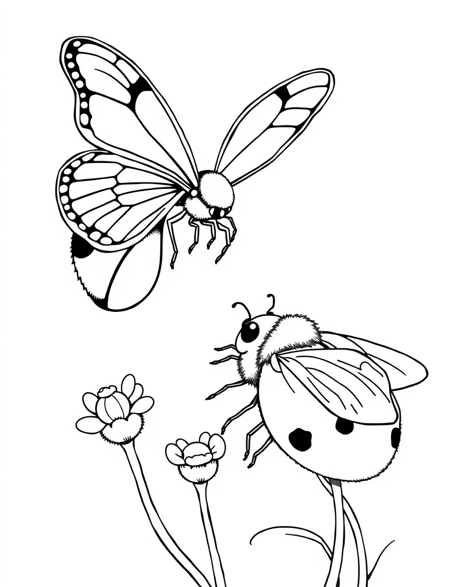 Ladybug looking sadly at a bee and butterfly.