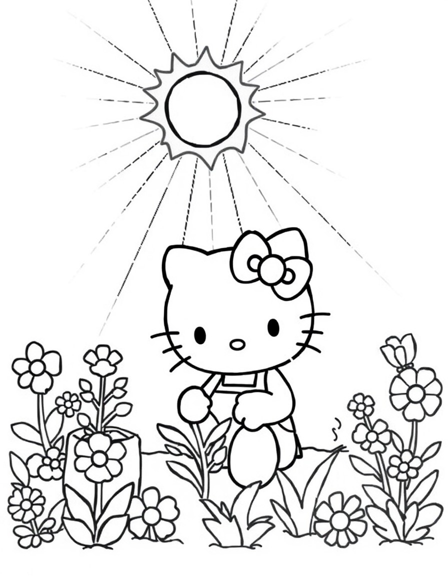 Hello Kitty gardening under a magical sun that beams down rainbow rays