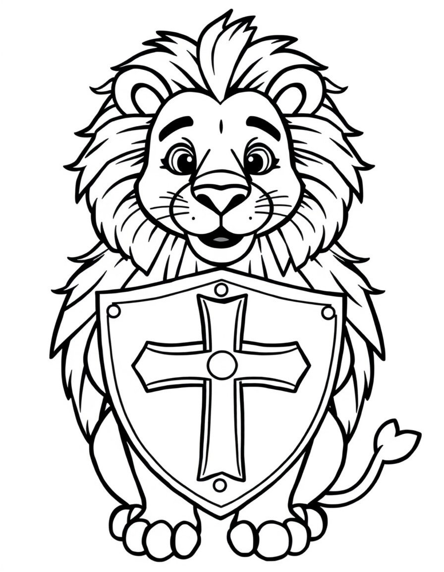 A lion with a cross-shaped shield and a smile, named Pedro