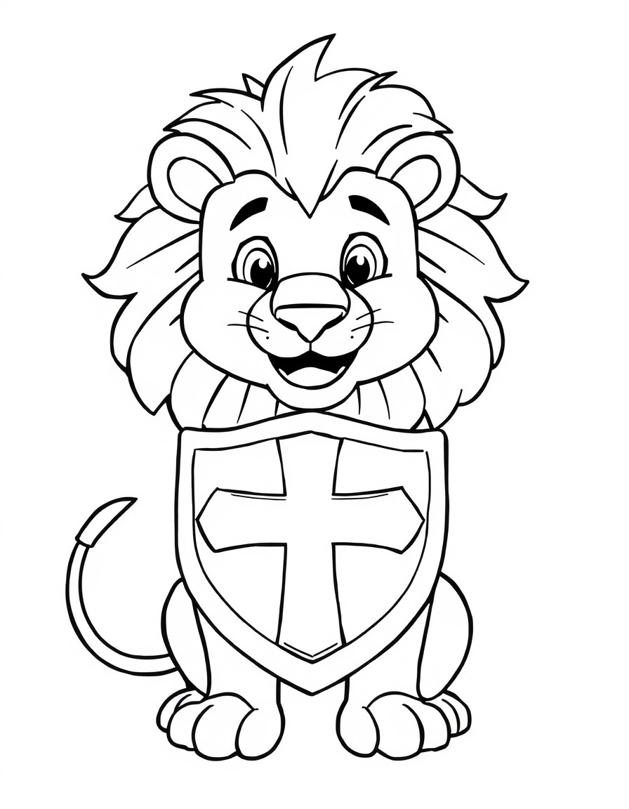 A lion with a cross-shaped shield and a smile, named Pedro