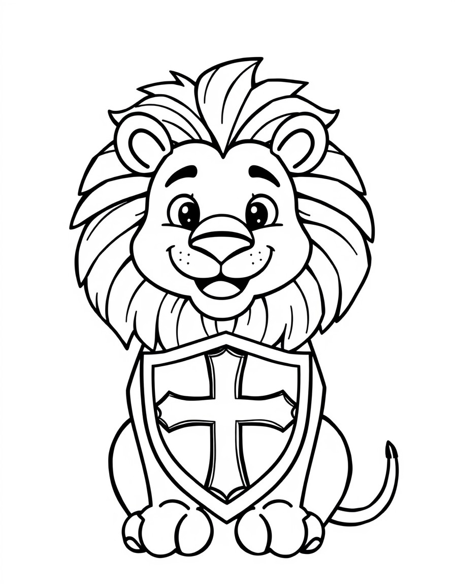 A lion with a cross-shaped shield and a smile, named Pedro