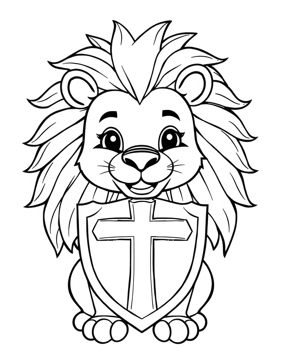 A lion with a cross-shaped shield and a smile, named Pedro