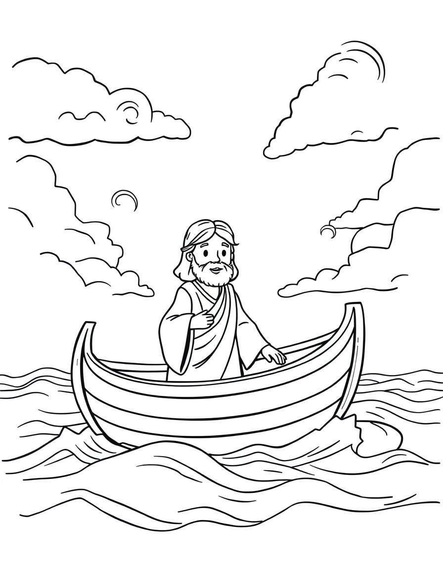 A peaceful cartoon-style Jesus standing calmly in a small wooden boat with simple details. The boat is rocking on wavy water, with big gentle waves around it. The sky has swirling clouds and some ligh