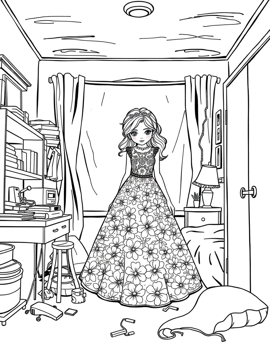 a floral dress with intricate details in an untidy bedroom