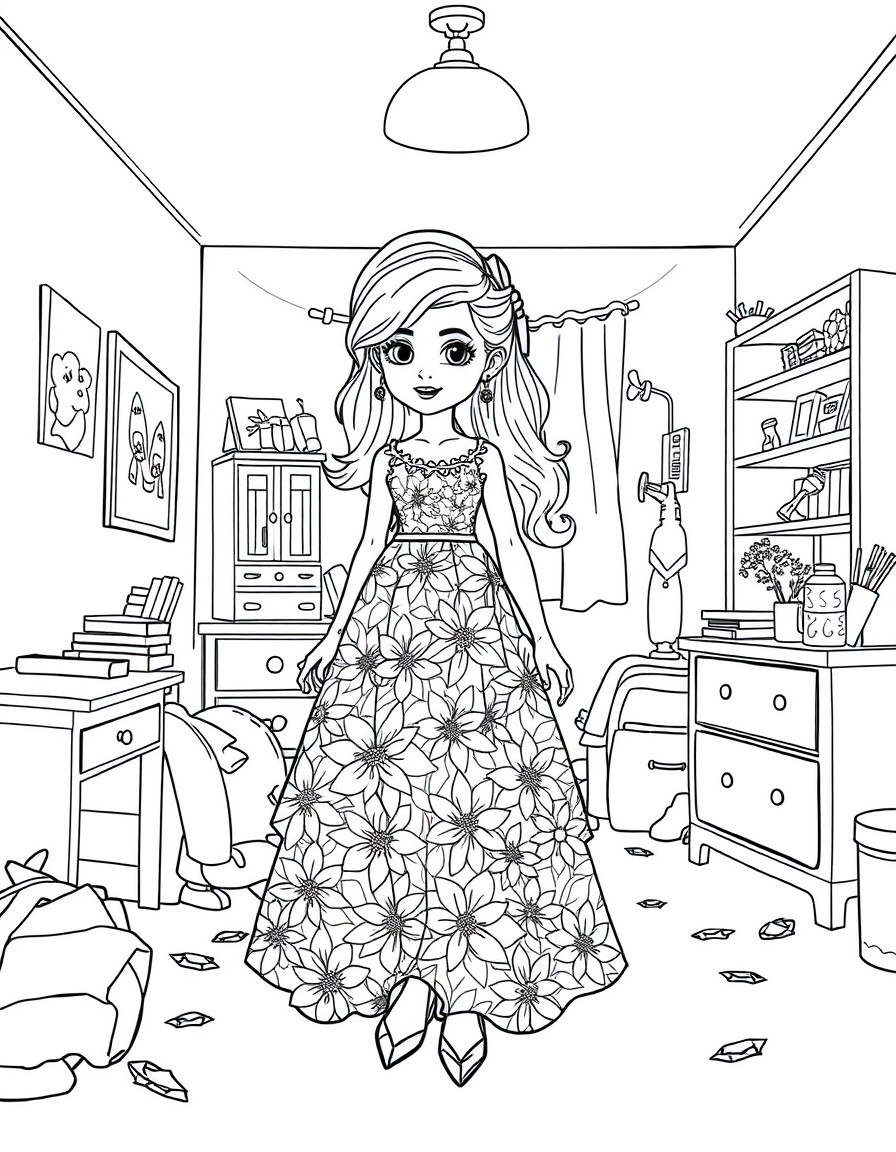 a floral dress with intricate details in an untidy bedroom