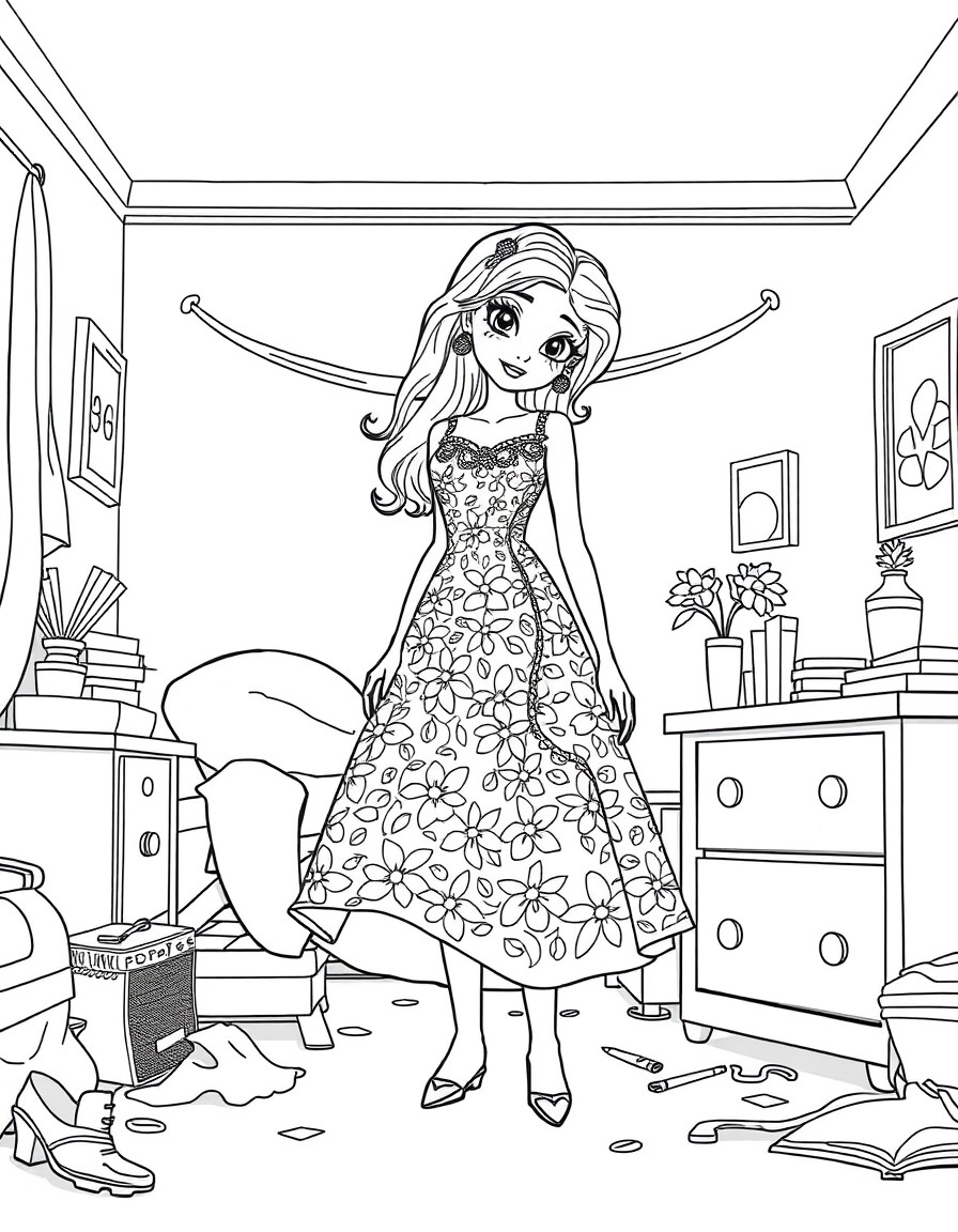 a floral dress with intricate details in an untidy bedroom