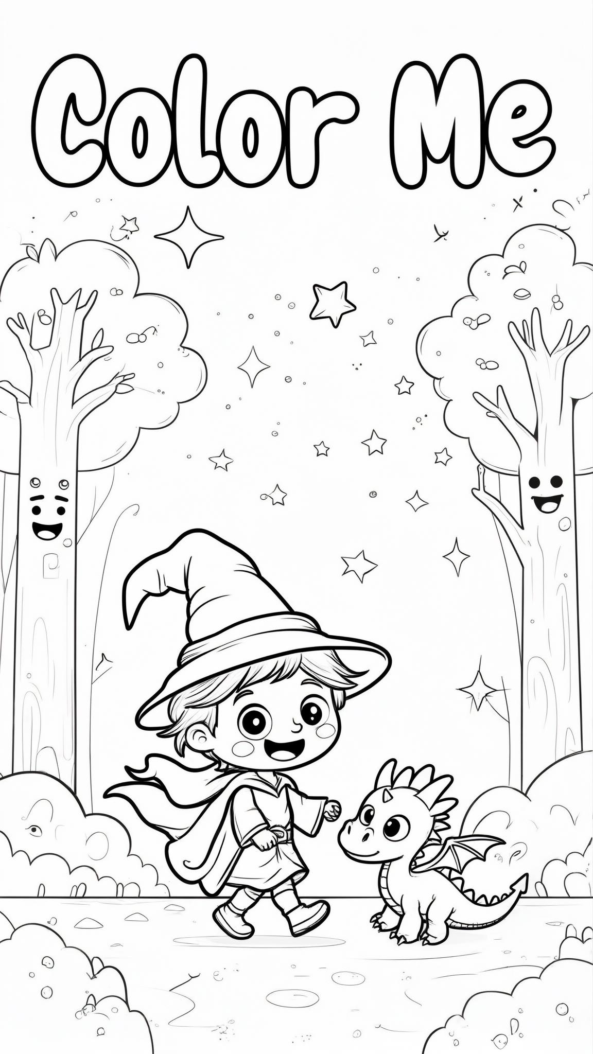 A cute vector-style coloring page for kids a friendly wizard child with a big hat walking in an enchanted forest, surrounded by smiling trees, sparkling stars, and a baby dragon. Simple bold outlines,