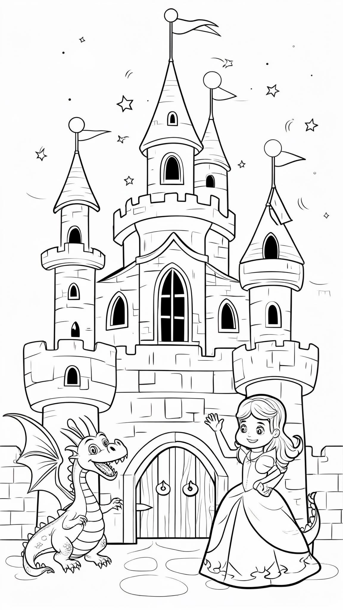 Vector-style coloring page for kids a big fairytale castle with flags, a friendly dragon guarding the gate, and a princess waving from the tower. Simple bold lines, cartoon look, no shading, magical f