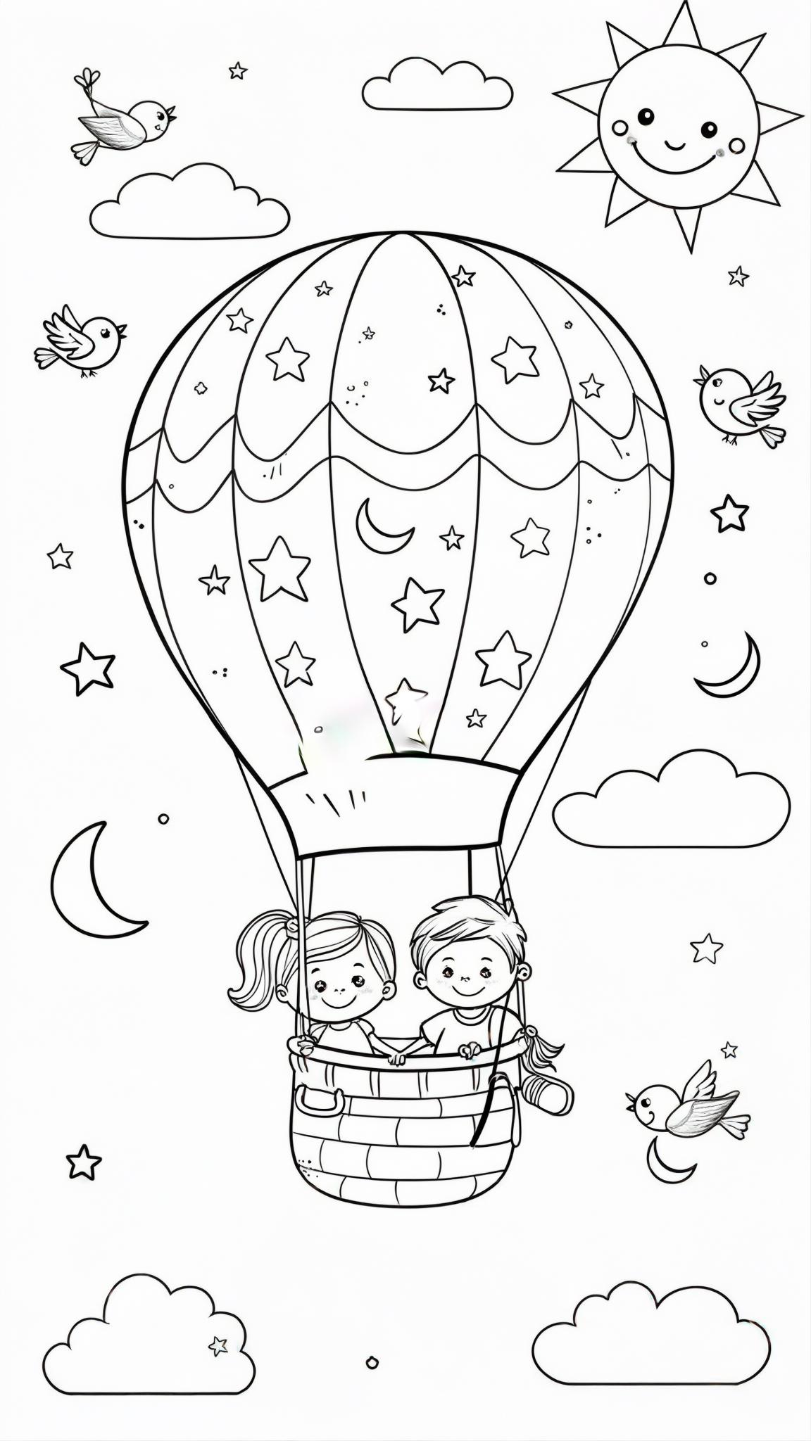 Cute vector kids coloring page children riding in a big hot air balloon decorated with stars and moons, flying above clouds with friendly birds and a smiling sun. Clear outlines, no shading, easy shap