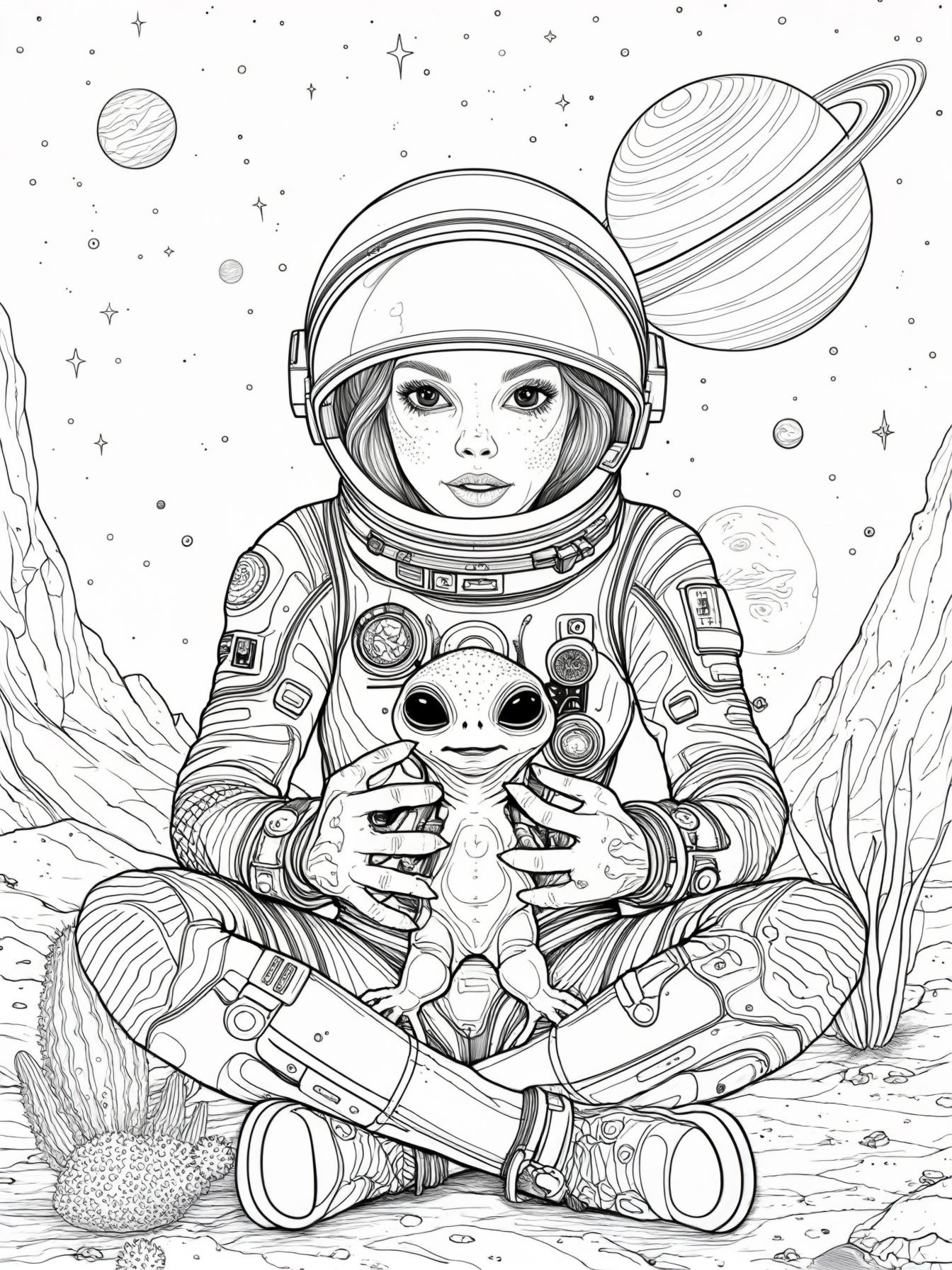 Girl astronaut and cute alien smoking weed on planet
