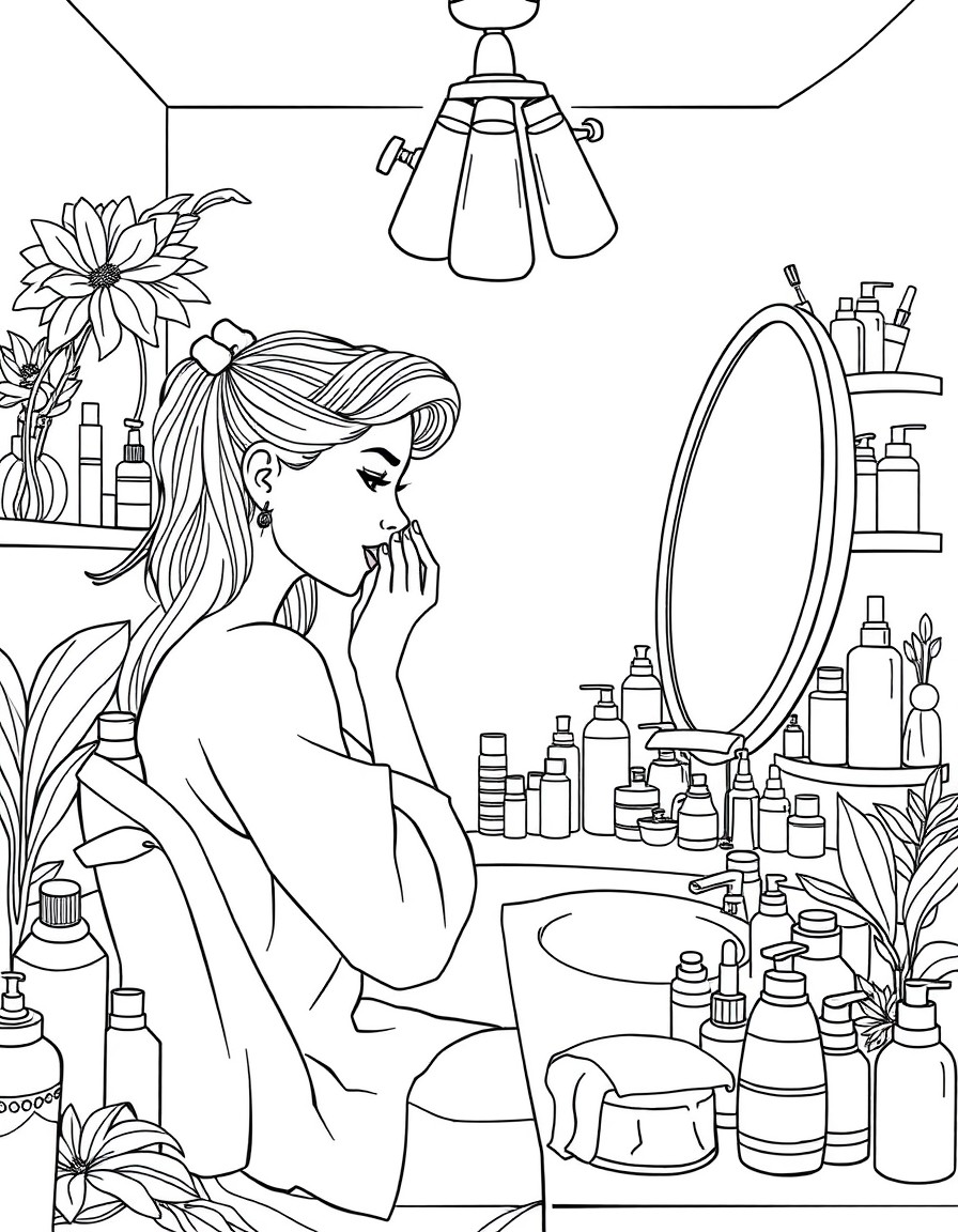 Girl doing skincare, room full of details and products