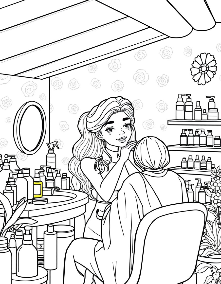 Girl doing skincare, room full of details and products