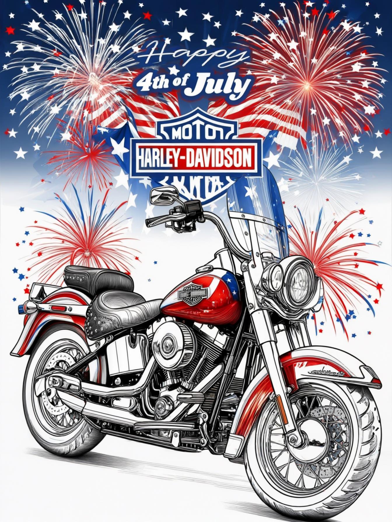 A harley davidson style motorcycle with a 4th of July scene background