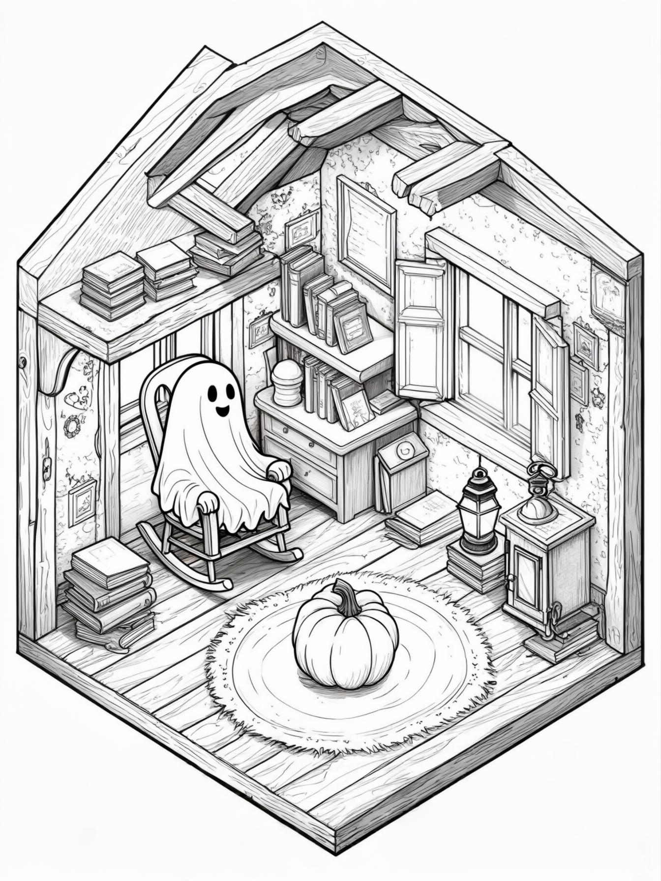 "A small attic space with an isometric cutaway view. A ghost lounges in a cozy rocking chair by a tiny lantern. Old spellbooks are stacked on a wooden floor, and a pumpkin-shaped rug adds warmth. The