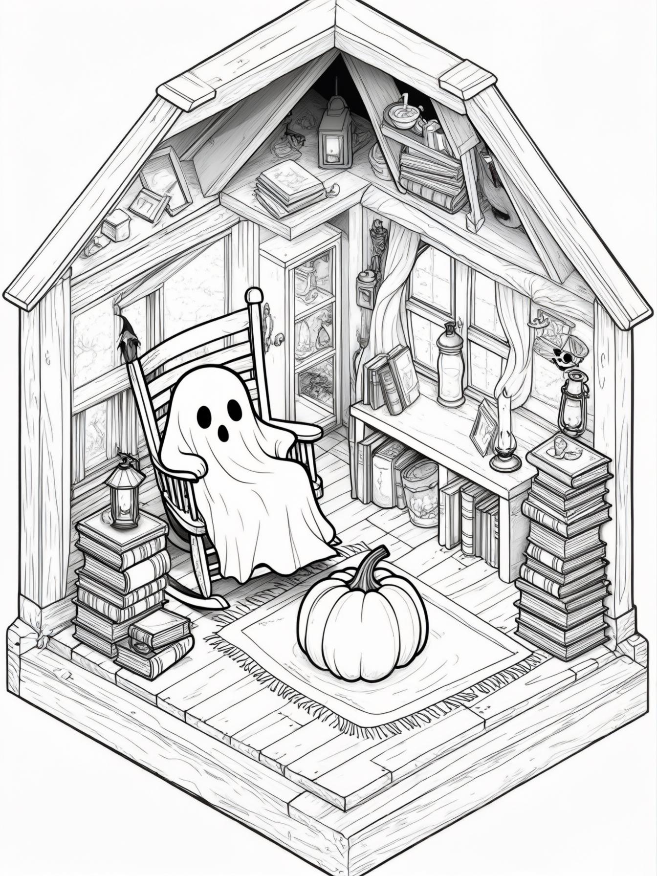 "A small attic space with an isometric cutaway view. A ghost lounges in a cozy rocking chair by a tiny lantern. Old spellbooks are stacked on a wooden floor, and a pumpkin-shaped rug adds warmth. The