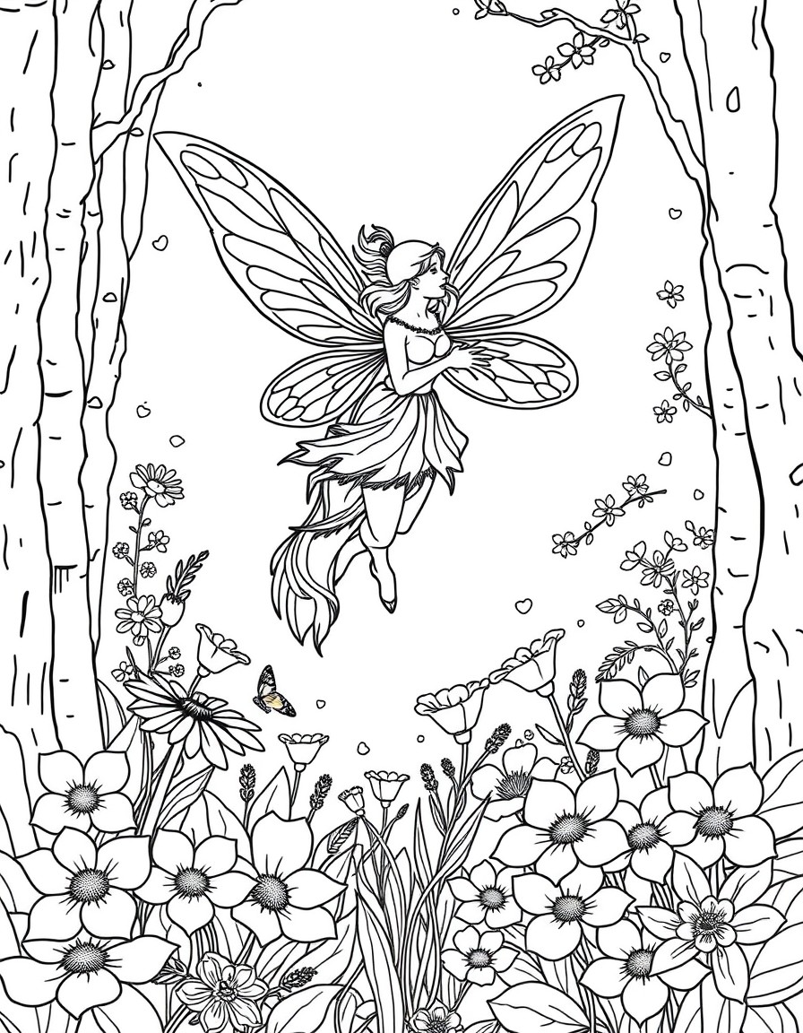 beautiful fairy flying in the woods above flowers