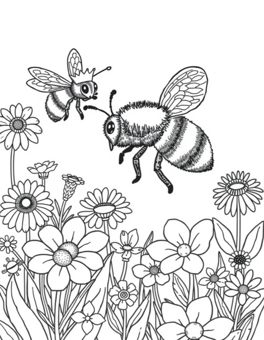 A whimsical flower garden where giant bees wear tiny crowns