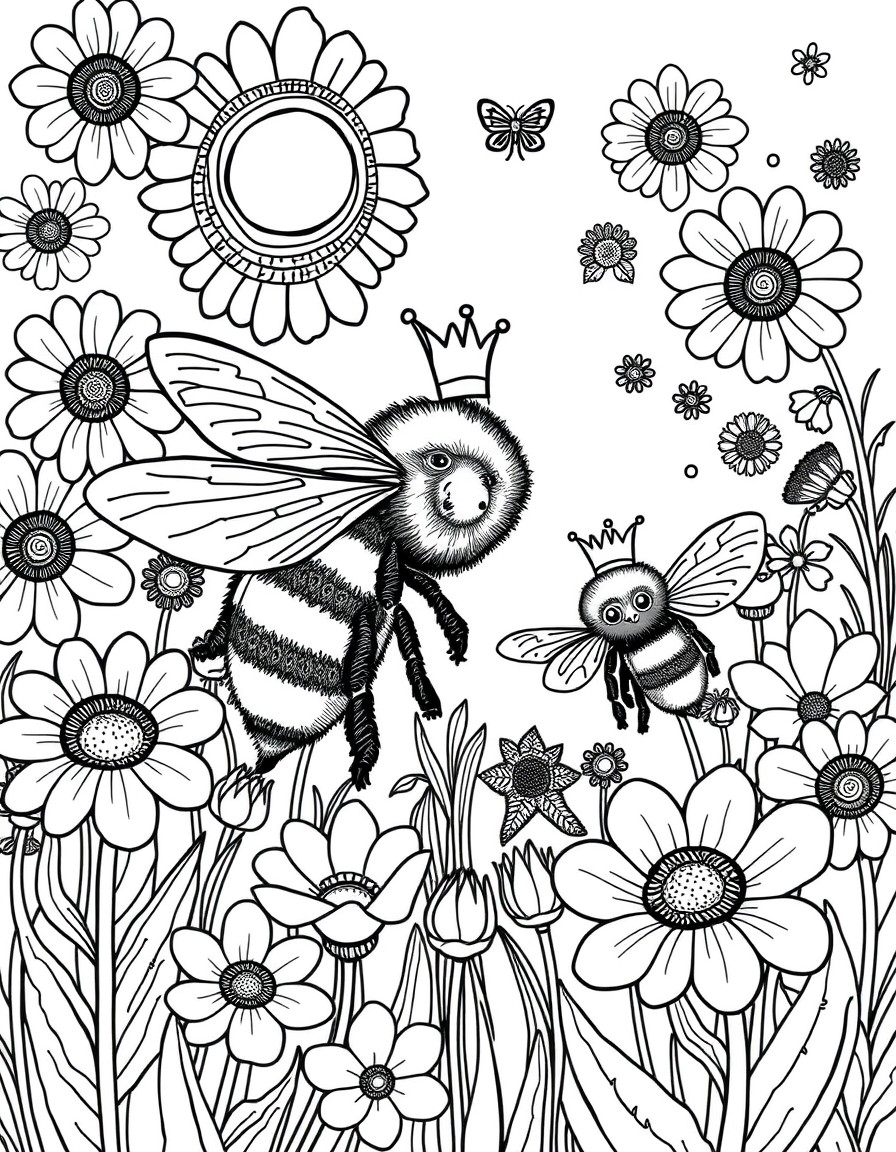 A whimsical flower garden where giant bees wear tiny crowns
