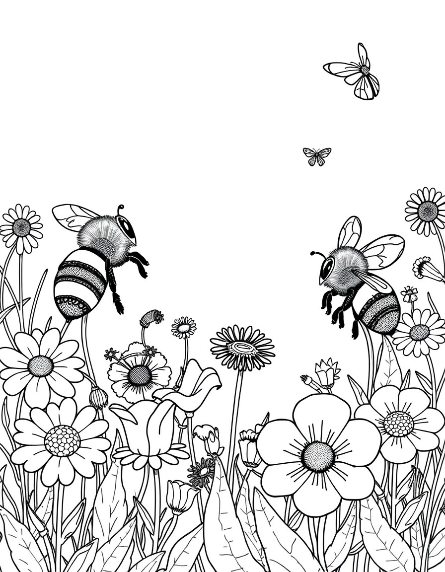 A whimsical flower garden where giant bees wear tiny crowns