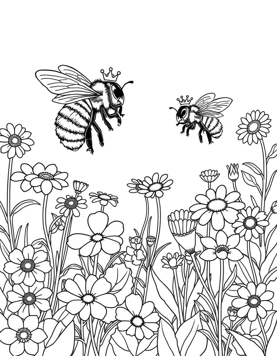 A whimsical flower garden where giant bees wear tiny crowns
