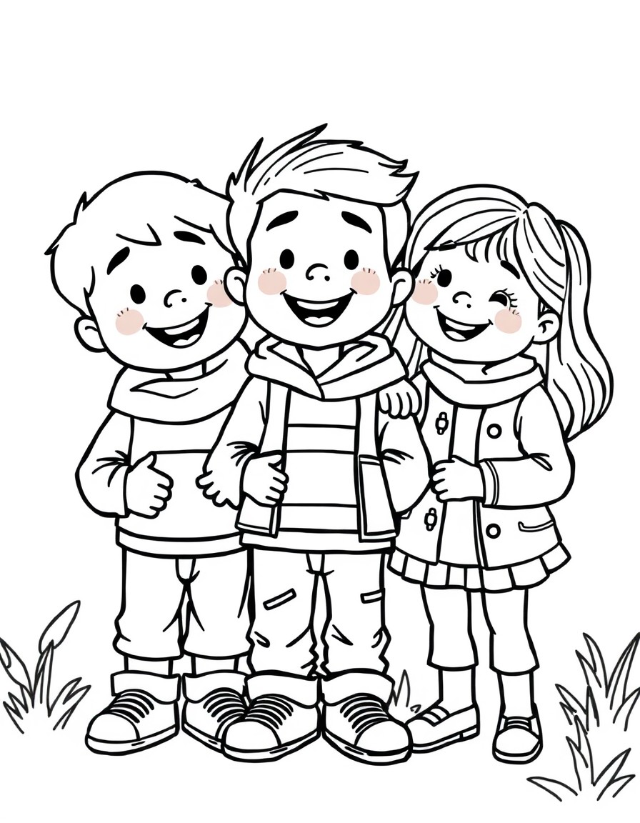 create 10 pages with 3 kids friends in difrent situation